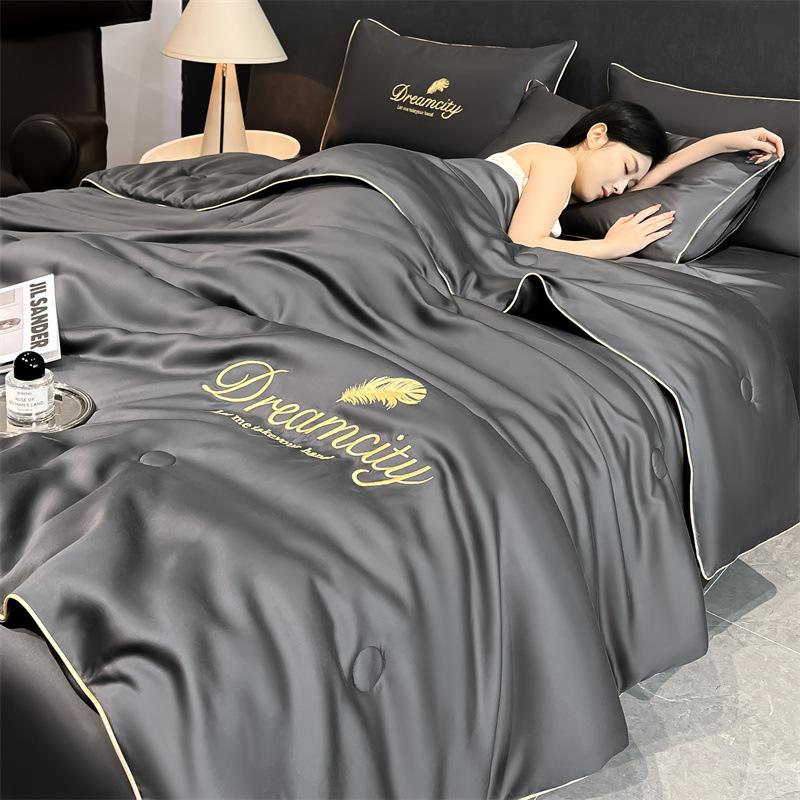 Class A Ice Silk Cooling Summer Quilt 4-Piece Set: Lightweight Embroidered Air Conditioning Quilt