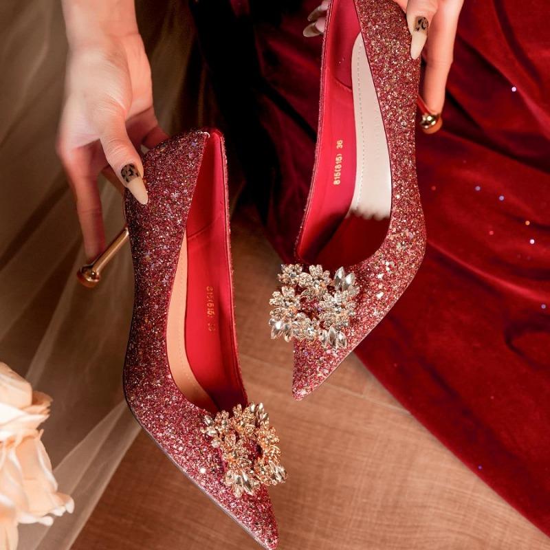 Fashion Spring New Thin Heel Shoes Women's Fashion Pointy Shallow Mouth Glitter Anti-slip Wear-resistant High Heels