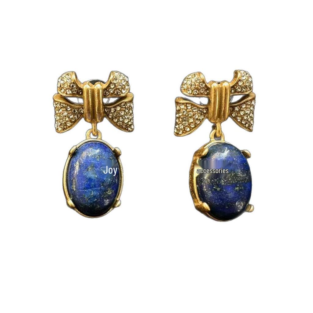 Vintage Western Stud Earrings with Rhinestone & Lapis Lazuli, 925 Silver Needle, Versatile Style for Women.
