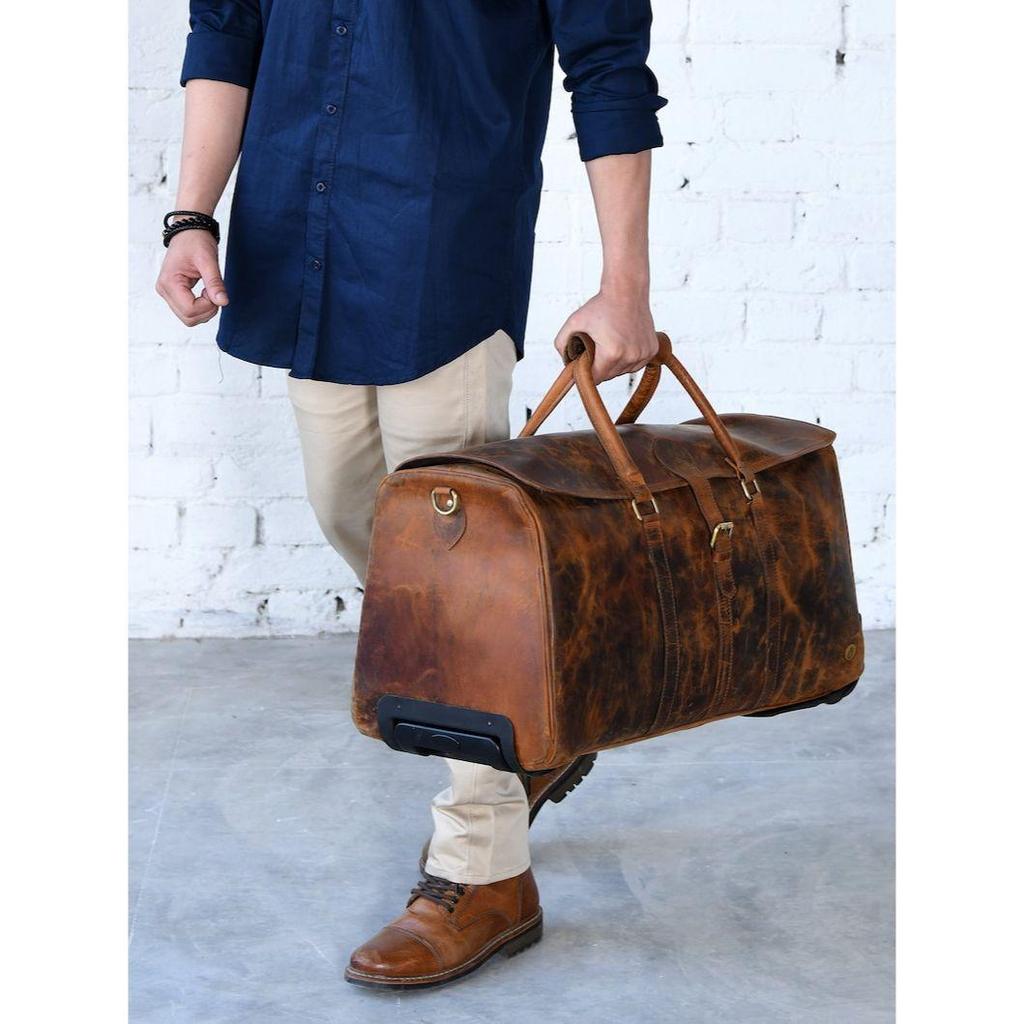 Leather Duffle Bag On Wheels Personalised Travel Weekender Trolley Bag Brown Holdall Leather Overnight Bag Handcrafted Leather Gifts For Him