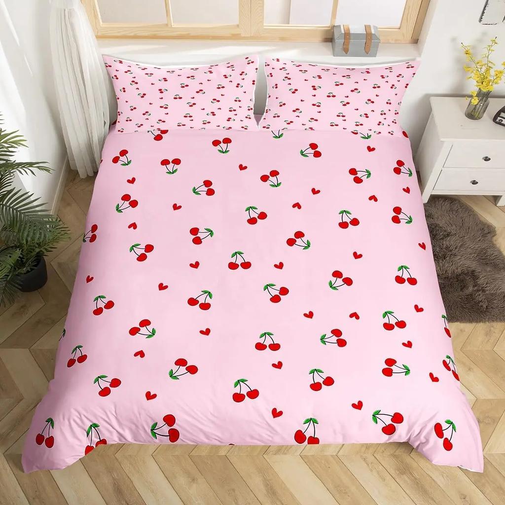 Strawberry Duvet Cover Set Queen King Size Girls Pink Quilt Cover Cartoon Fruit Bedding Set Girls Teenagers Suitable 3 Pcs