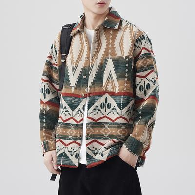 Nieuwe Lente Japanse Retro Herenlos Shirt Kleur Gebreid Jacquard Casual Amerikaans Shirt