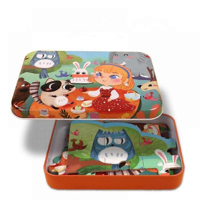 Children's Puzzle Toys, Wooden Flat Puzzle Pieces, Children's Enlightenment Style Wooden Iron Box, Irregular Puzzle Pieces