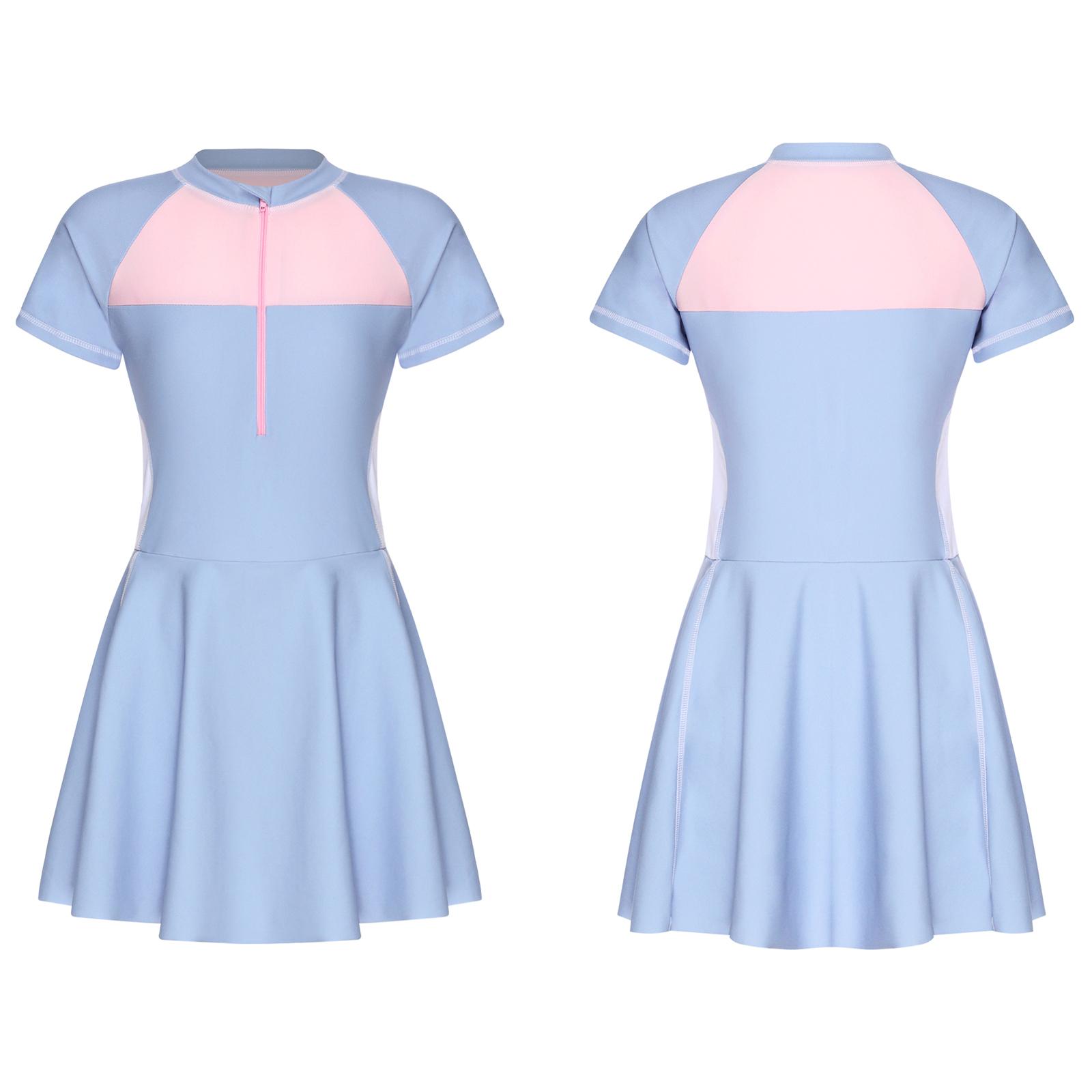 

Teen Girls Swim Dress Short Sleeve Color Block Patchwork Zip Front Rash Guard Bathing Suit UV Protection 13-14 Years