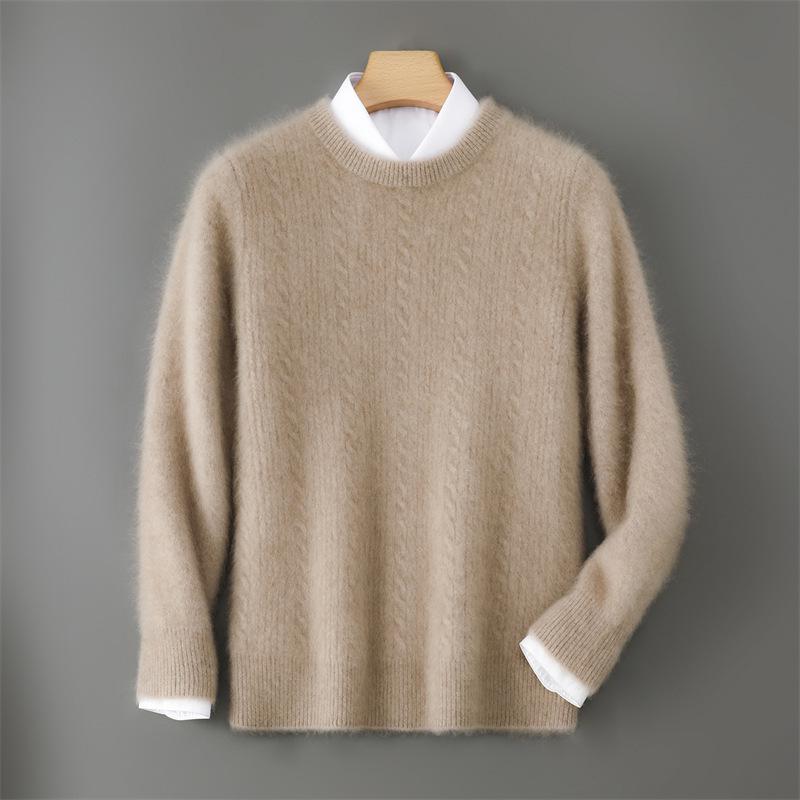 Men's 100% Wool Round Neck Sweater, Thickened Knit Pullover, Autumn/Winter Cashmere Base Layer Top