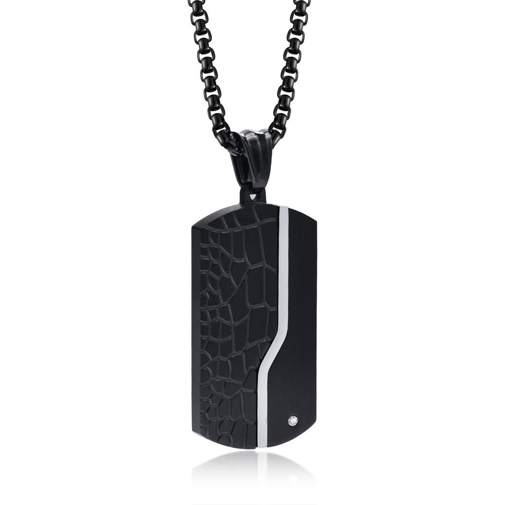 Engravable Black Titanium Steel Dog Tag Pendant Necklace with White Zircon