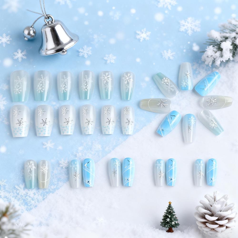 Blue & White Snowflake Cat Eye Press-On Nails - 30-Piece Detachable Set
