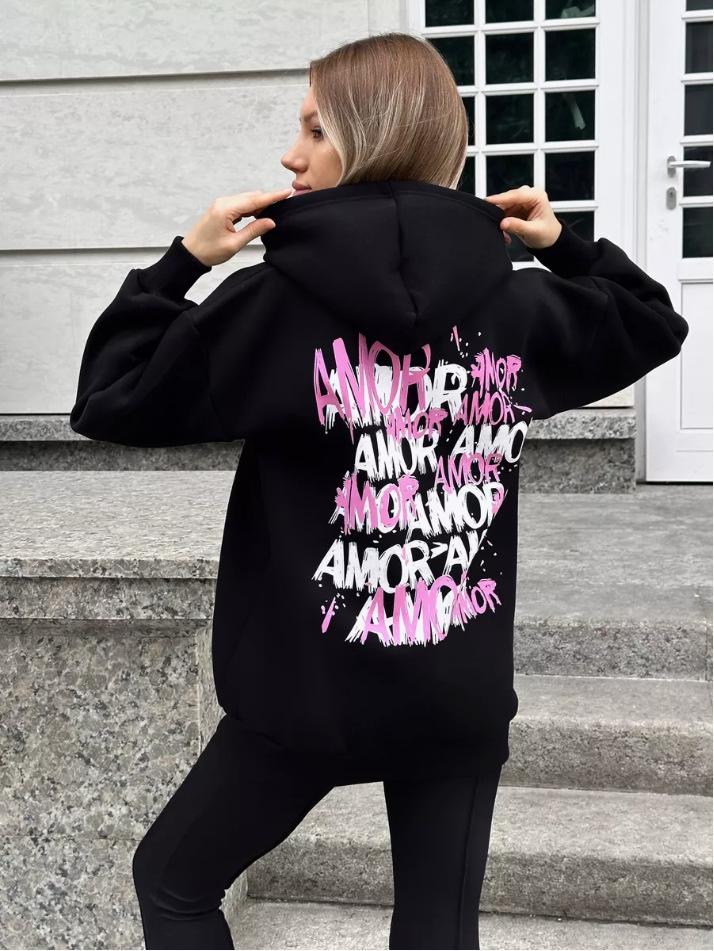 Gothic Couple Letter Print Women's Plus Size Hoodie 