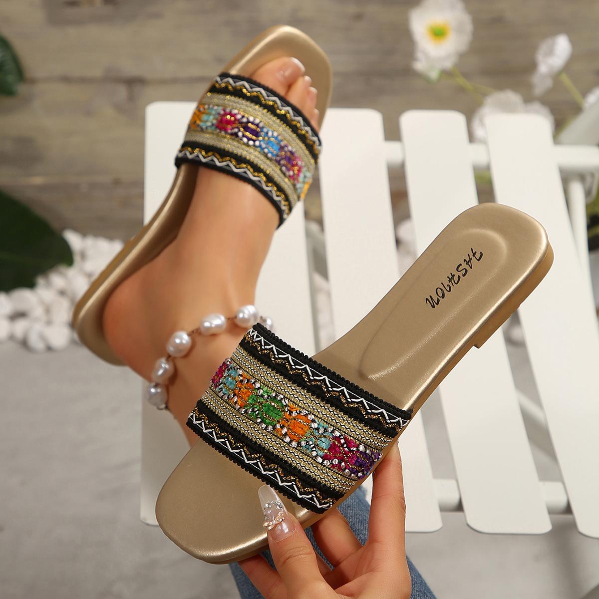 Women s Bohemian Style Flat Sandals with Woven Straps Non-Slip Flat Sandals for Beach and Pool Daily Wear 36 золотой