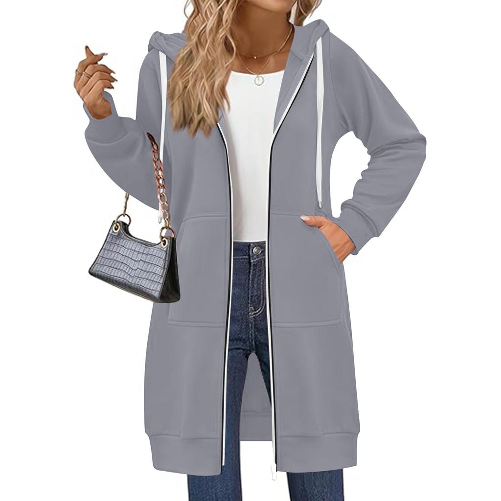 Damen Einfarbig Slim Fit Reißverschluss Rundhals Langarm Locker Kapuzenmantel Mittellang
