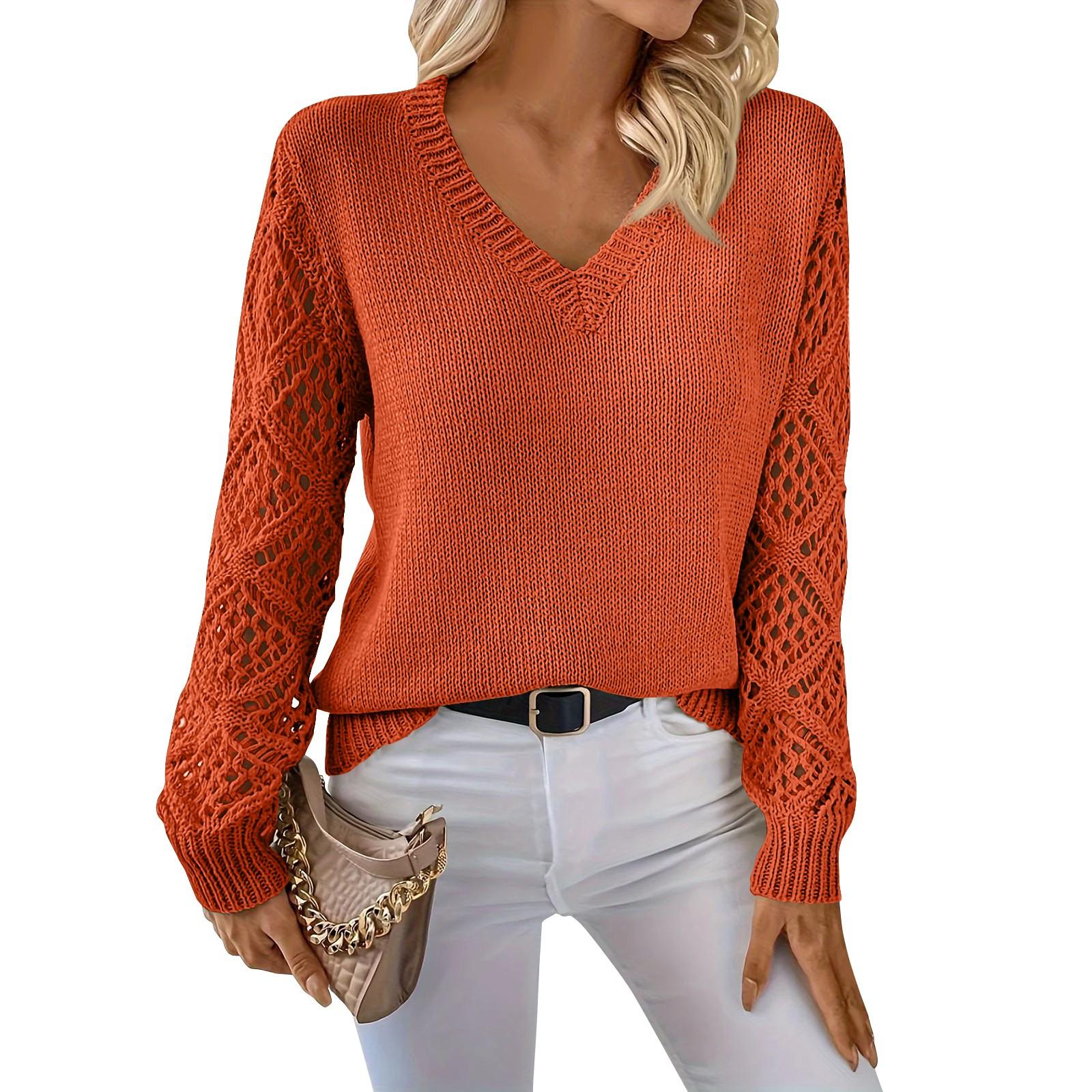 

Women s Fashion Casual V-Neck Long Sleeve Loose Personalized Solid Color Sweater M шафрановий