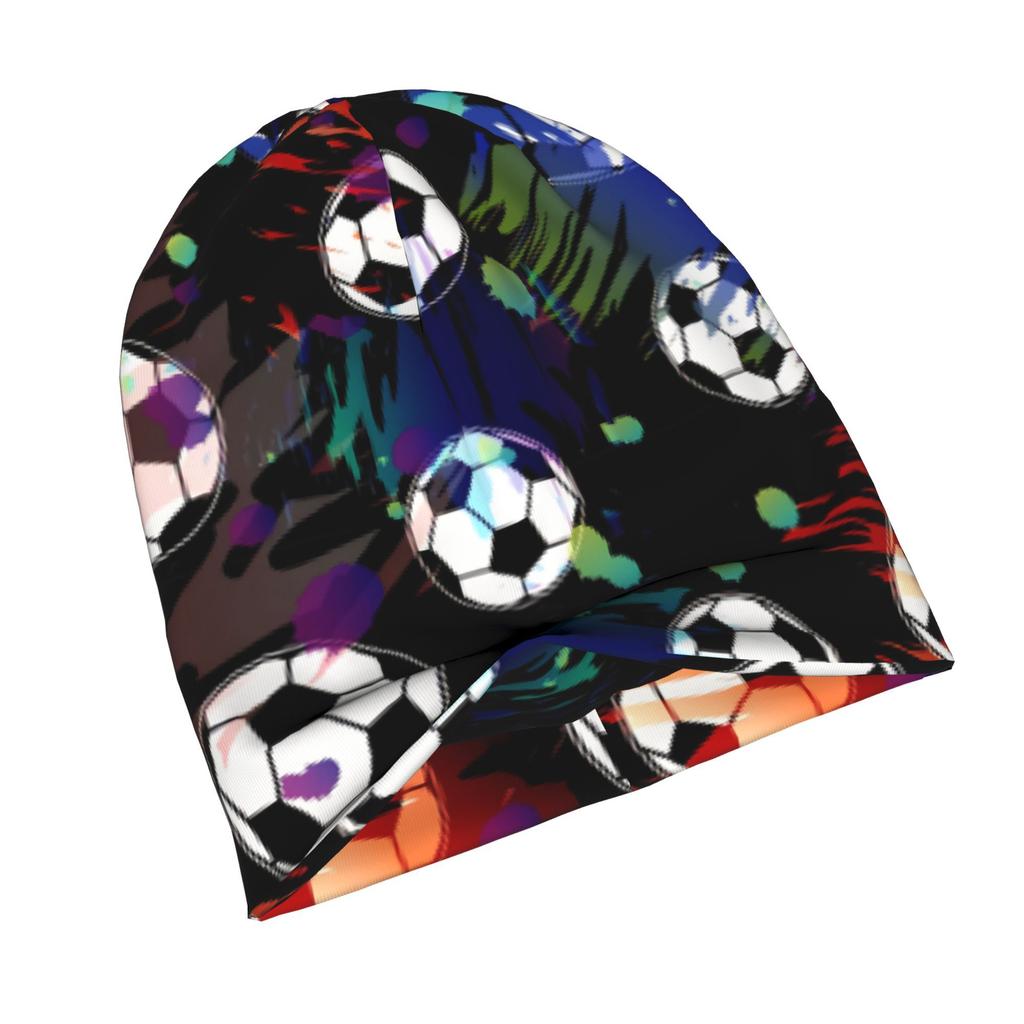 Multicolored Background with Soccer Balls Knit Hat with Subtle Fashion Details, Ideal for Adults Looking To Add Texture And Character To Cold-Season D