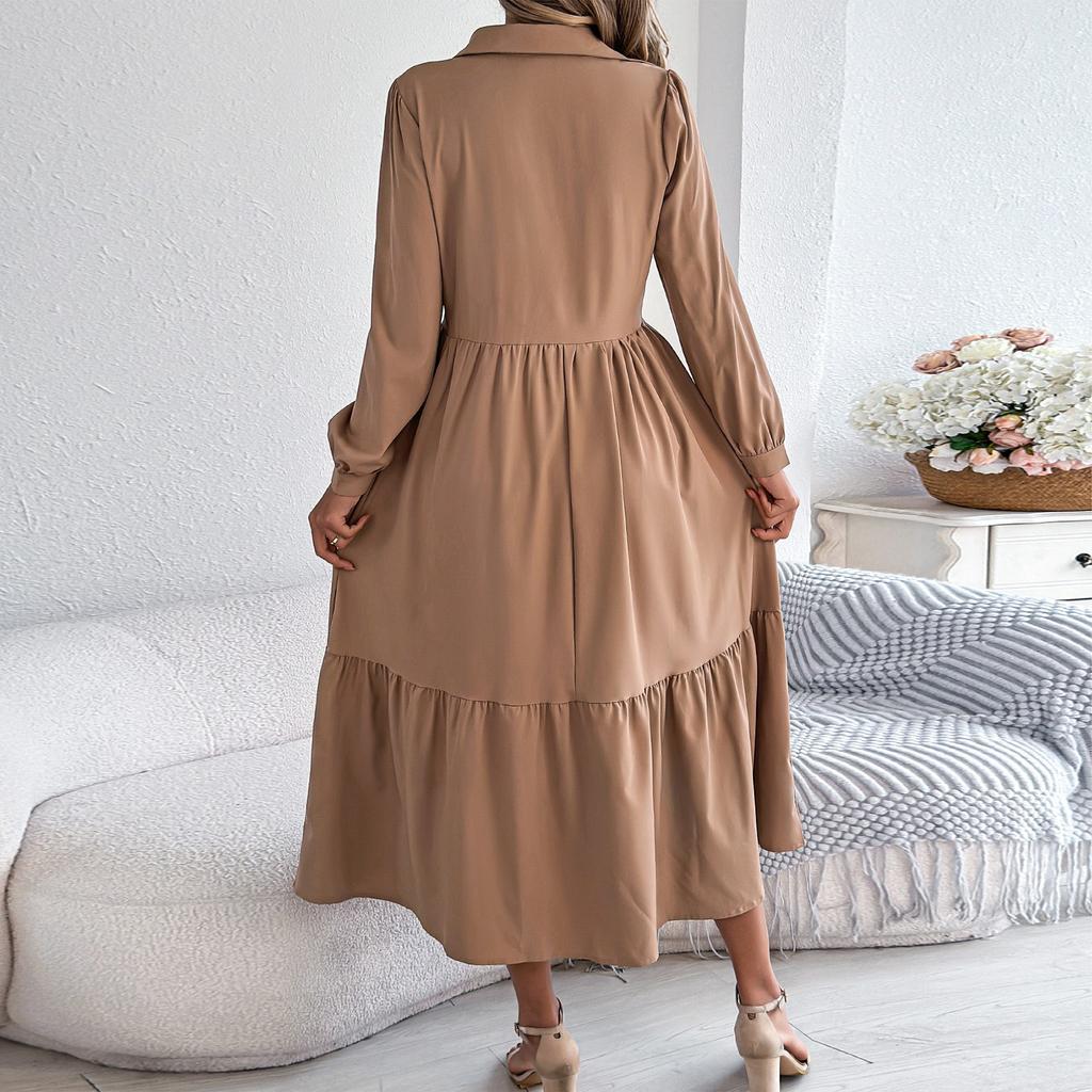 Women's Fashionable Color Lapel Button Casual Loose Long Sleeved Shirt Dress