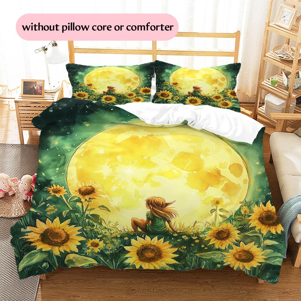 Watercolor Sunflower Pattern Bedding Quilt Set Home Decoration Gift (1 * duvet cover + 2 * pillowcase without core)