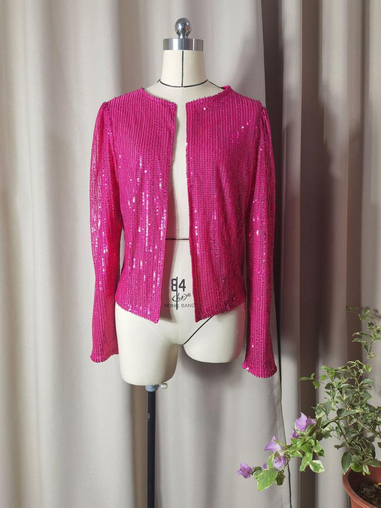 2025 Spring Women's Sequin Cardigan: Versatile Casual Solid Color, Round Neck, Long Sleeve