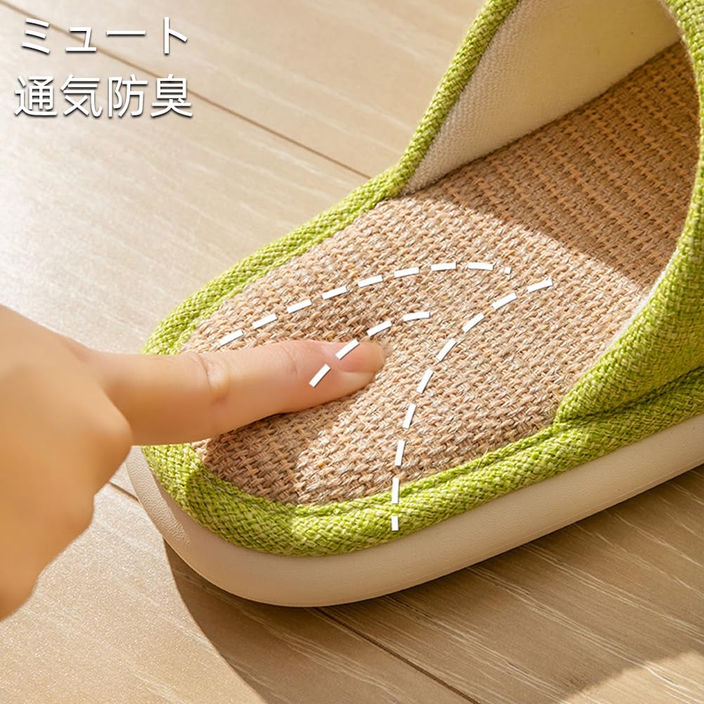 comfortable slippers for indoor unisex [Euyqs] Japanese-style design, linen, breathable, sweat-absorbent, non-slip thick-soled use, (green, 23.0 cm)