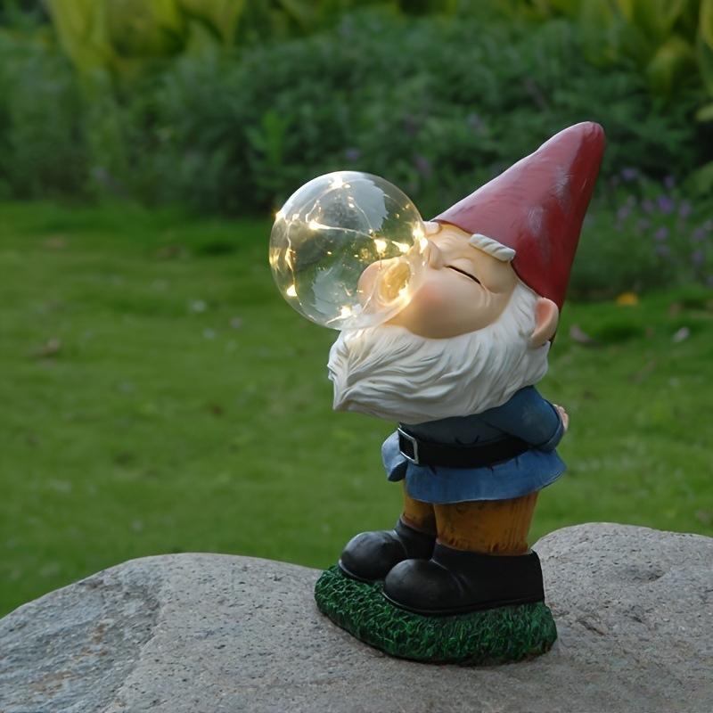 Blowing‑bubble Gnome Statue Solar LED Light Resin Garden Outdoor Yard Ornament Decor