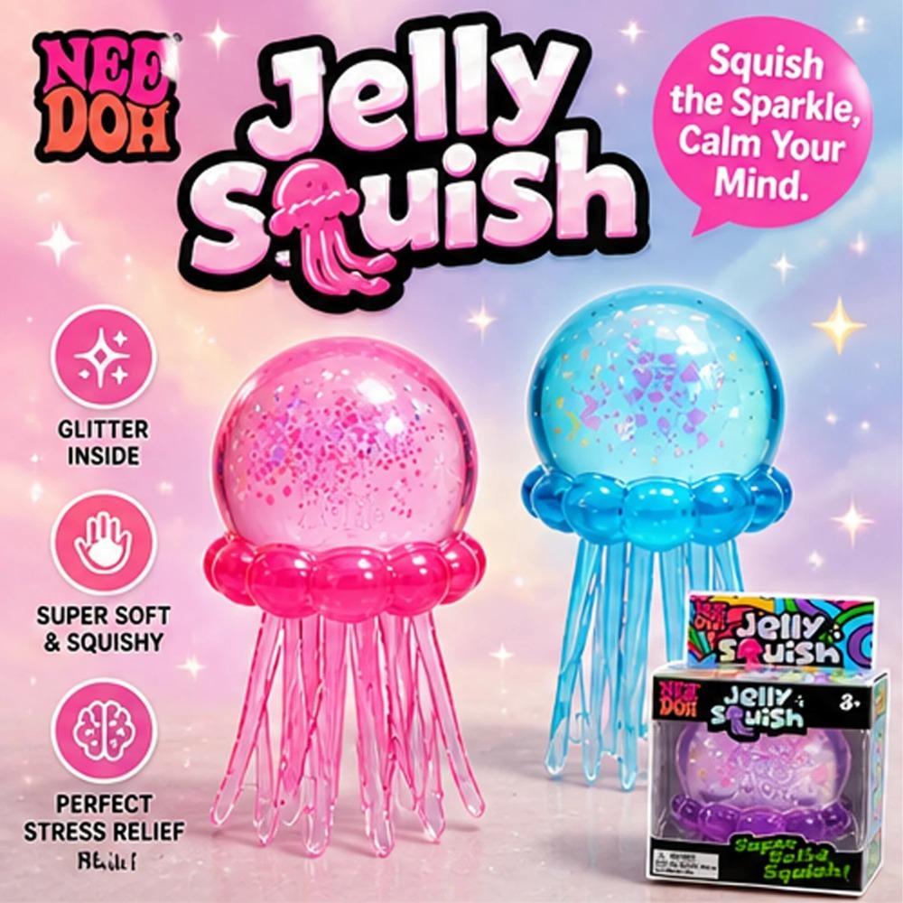 Needoh Jellyfish Squishy Bright Color Soft Fuzz Ball Squeeze Sensory Toy Stress Relief Anti Anxiety Relaxing Fidget Toy for Kids