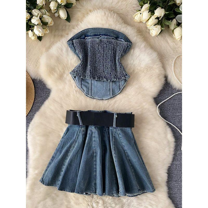 Hot Stylish Lace-up Waist-Controlled Asymmetrical Tube Top Vest Two-Piece Set Women's Dress with Belt Denim Skirt