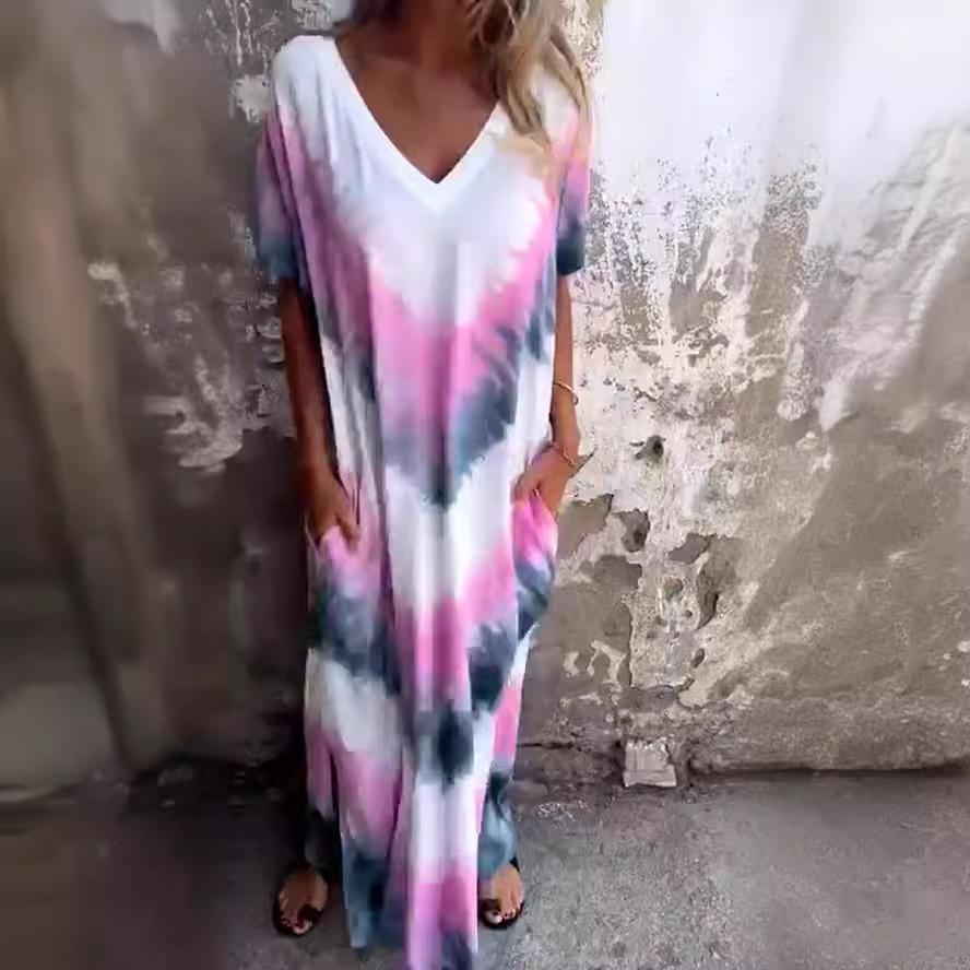 Summer New European And American Style Women'S Clothing Casual Loose Short-Sleeved V-Neck Split Fork Gradual Change Tie-Dye Long Dress