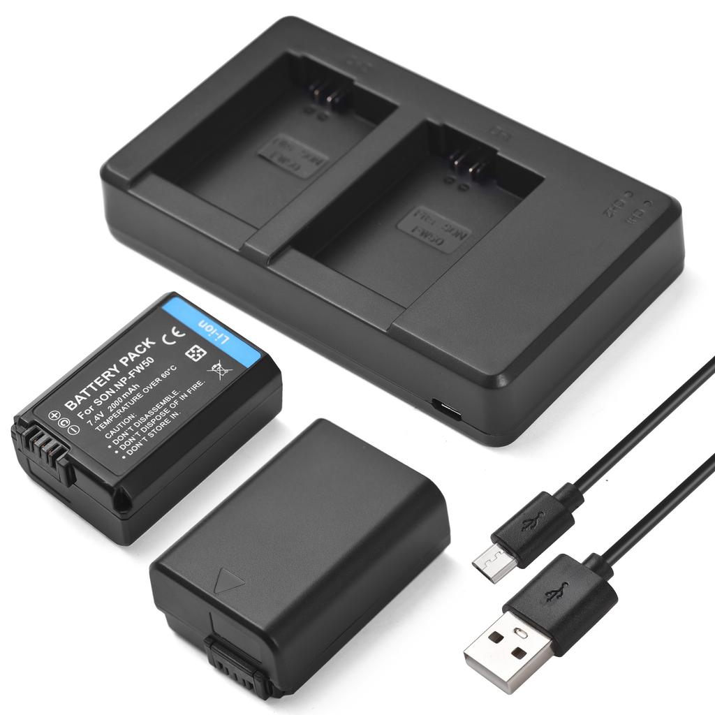 Camera NP FW50 Battery Charger Kit with 2 Slot Battery Charger + 2pcs NP FW50 Batteries 7.4V 2000mAh USB Charging Cable