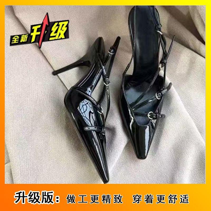 Patent Leather Thin Heel French High Heels Niche Design Sense 2025 Celebrity Word with Bag Head Sandals Empty Single Shoes Women