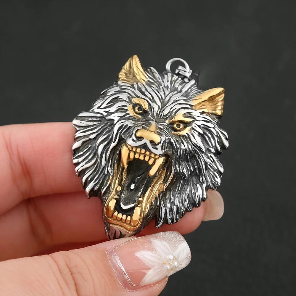 Punk Viking Wolf Head Pendant Necklace Gold Color Stainless Steel Odin Wolf Necklace Norse Mythology Jewelry Gifts Accessories