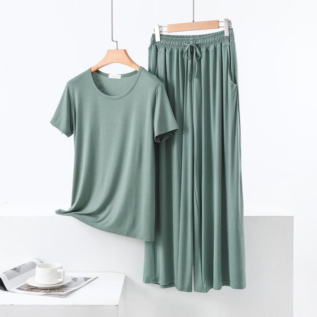 Color Block Cotton Crew Neck Two-Piece Set: Short Sleeve Top & Wide Leg Drawstring Pants