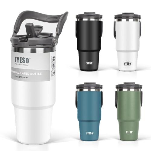 TYESO 750ml Tumbler with Straw, Coffee/Water Bottle, Thermos, Insulated, Handled, Vacuum Insulated, Double-Walled Wall, Wide Mouth, Large Capacity, Di
