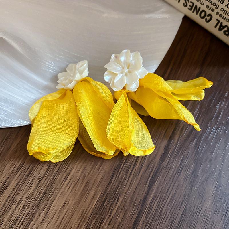 Silver Needle Fabric Flower Glass Fringed Earrings Medium Antique Temperament Stud Earrings Design Sense Niche Earrings