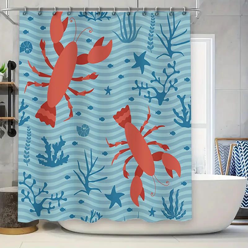 

Underwater Life Lobster Shower Curtain Blue Red Fishes Marine Decor For Bathroom Waterproof Fabric W60H190(CM)-1 Pcs