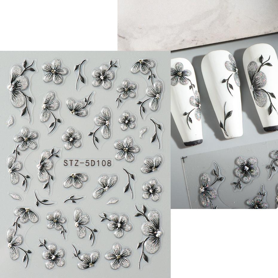 

5D черные блестящие наклейки для ногтей, акварельные цветущие наклейки для ногтей, маникюр, весенние цветочные клейкие переводные наклейки, слайдер, декор для ногтей