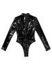 Women Wet-look PVC Leather High Collar Long Sleeves Teddy Bodysuit Catsuit Nightwear Clubwear