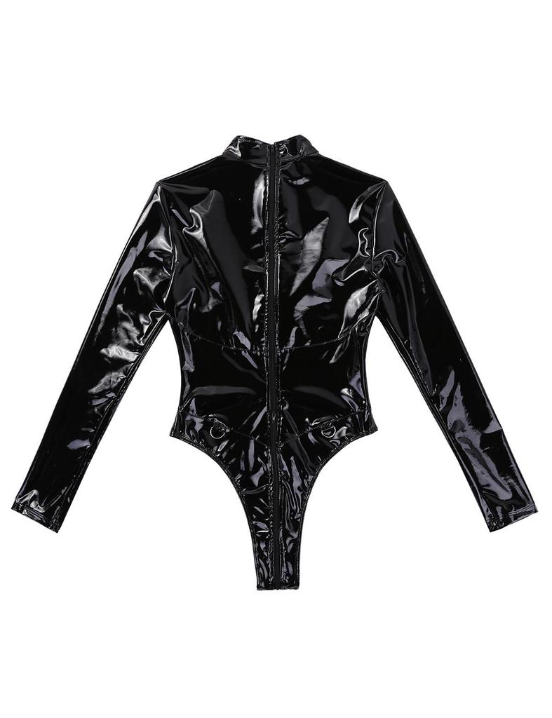 Women Wet-look PVC Leather High Collar Long Sleeves Teddy Bodysuit Catsuit Nightwear Clubwear