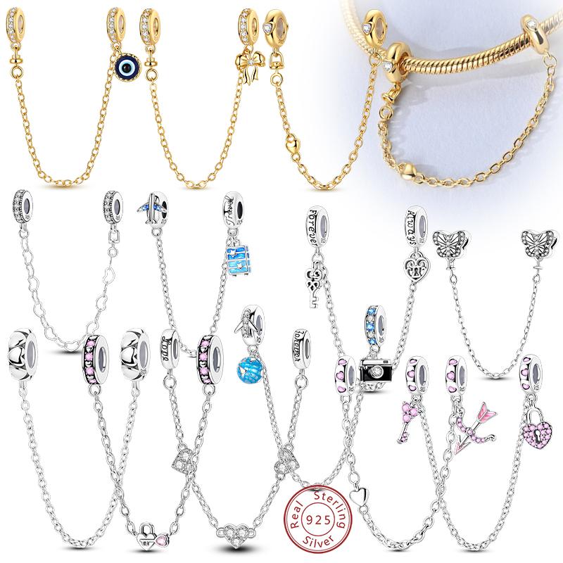 925 Silver Safety Chain Charms Golden Bow Snowflakes Infinite Love Safety Chain Fit Bracelet Jewelry Making
