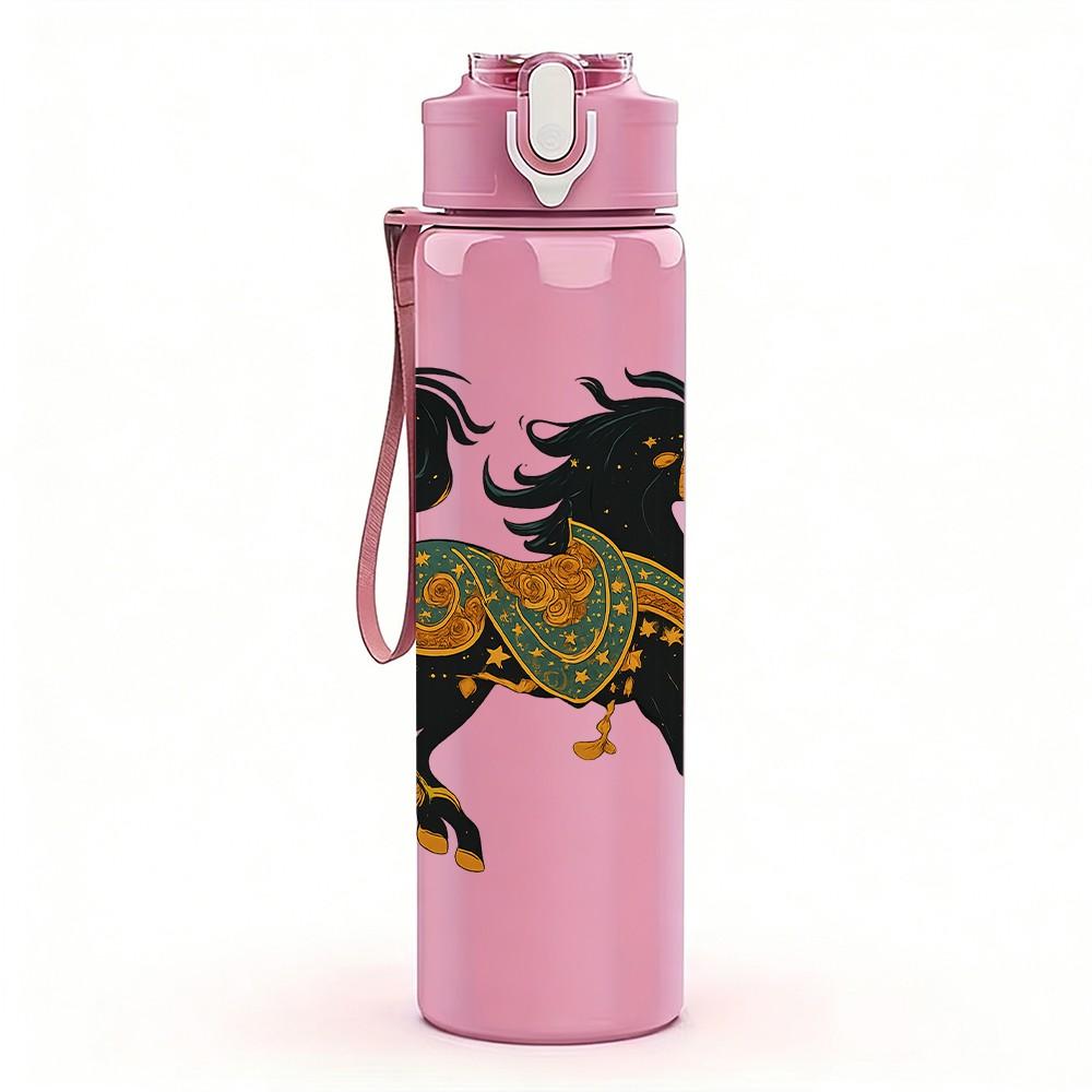 1PC Classic Black Horse Art 750ml Color Plastic Sports Water Bottle Leakproof Flip Straw Lid Suitable for Sports Office Home Use