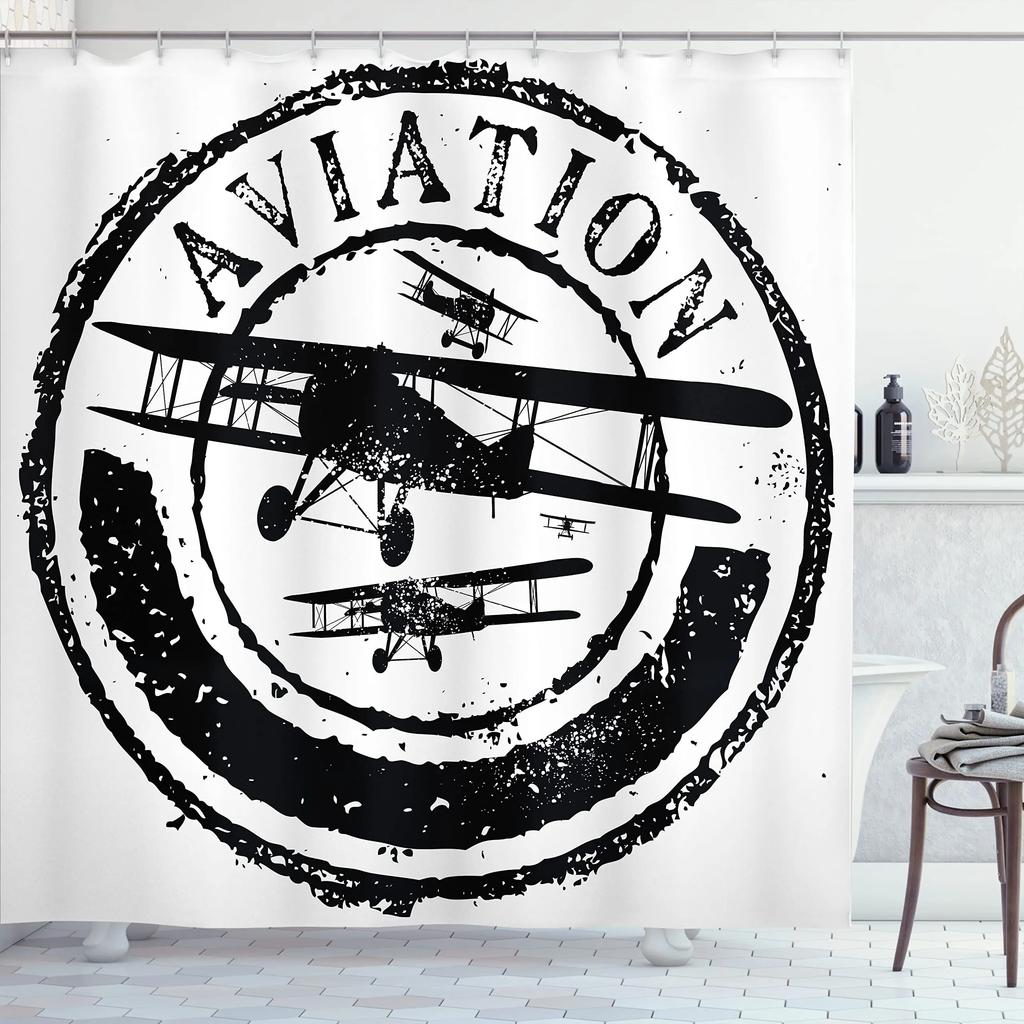 Flughafen Duschvorhang,Aviation-Thema Illustration von geparkten Flugzeugen auf Flugfeld gelandet,Polyesterstoff Badezimmer Vorhang Set