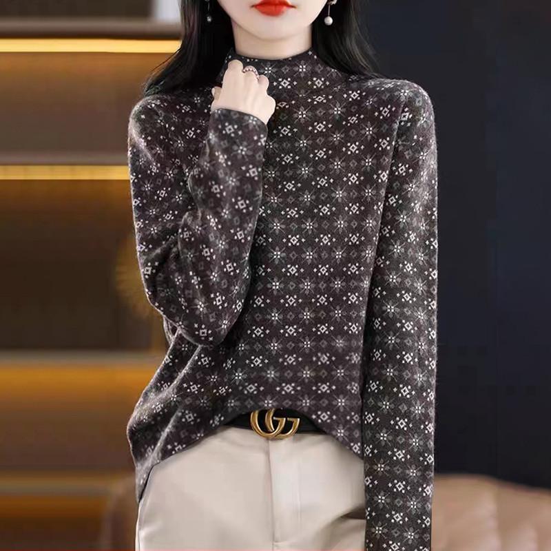 Long Sleeve Top Plus Size Casual Fleece-Lined Thickened Base Layer Printed High Neck Thermal Base Layer Top