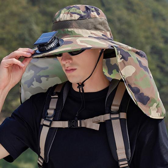 Camouflage Print Sun Hat Wide-Brimmed Shawl Fishing Hat with Dual-Power Fan Design 3 Gear Adjustable UV-Protection Outdoor Hat