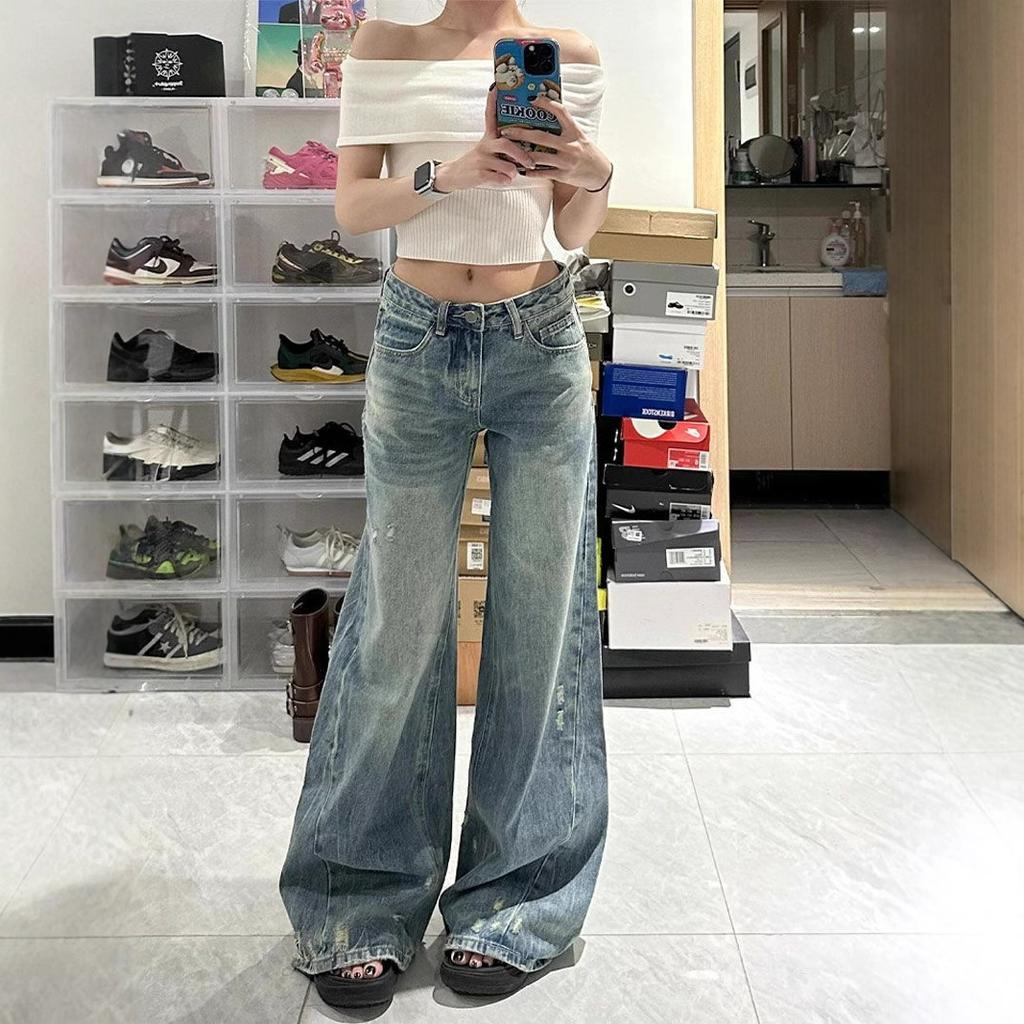 Women's Large Size Blue Abraded Micro-labelled Denim Trousers Straight Loose Pear Shaped Flesh Covering Wide Legged Dragging Floor Trousers
