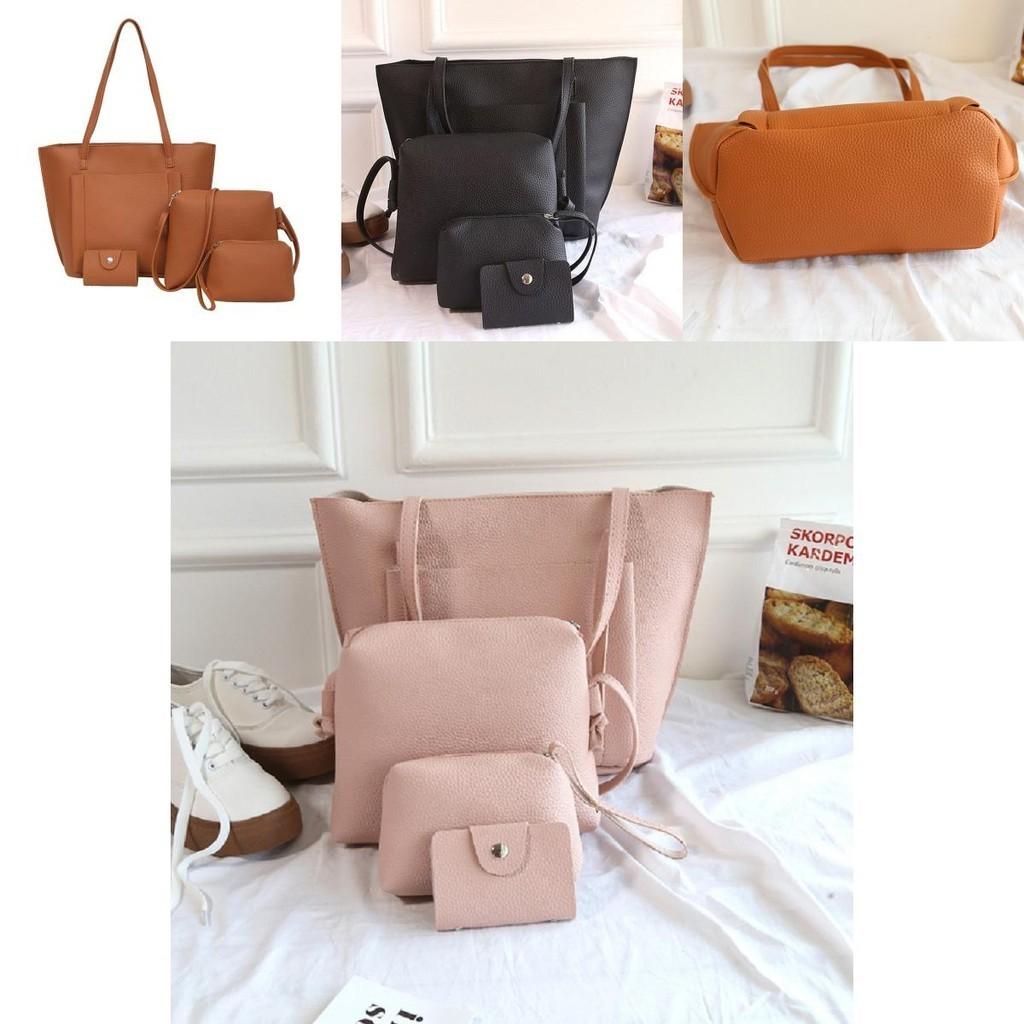 Lychee Pattern Pu Leather Women's Handbag Set With 4 Pieces