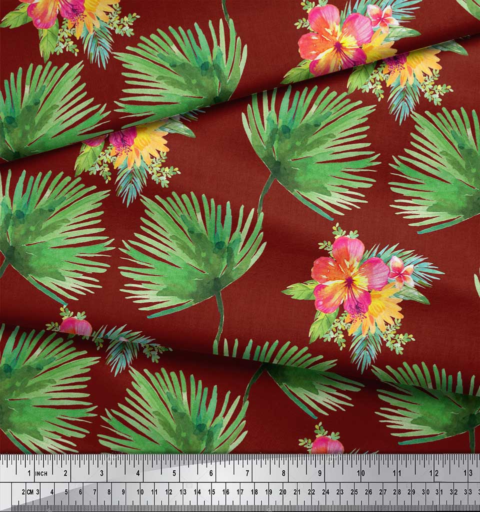 Soimoi Red Poly Crepe Fabric Leaves & Floral Decor Fabric Printed By the Metre 42 Inch