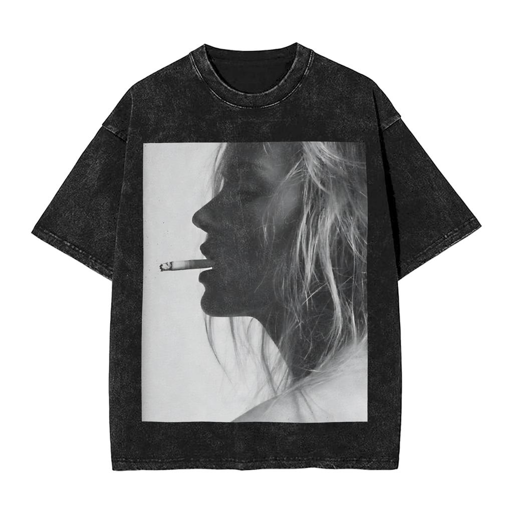Novelty Kate Moss T-Shirt For Men Round Neck Cotton Washed T Shirt Short Sleeve Tee Shirt Printed Clothing