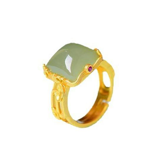 Natural Hetian Jade-Inspired Square Ring with Retro Chinese Style and Gilded Auspicious Clouds Design