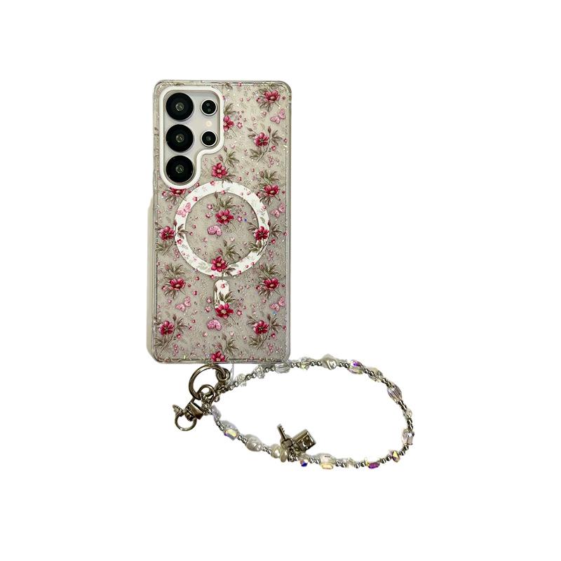 Koreanische minimalistische Glitzerblumen-Magnet-Handyhülle für Samsung S25 Ultra/S24 Plus