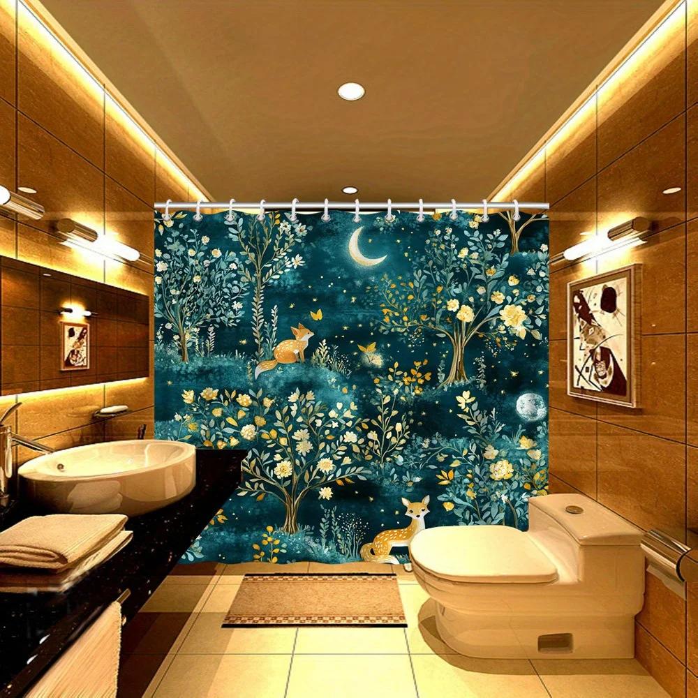 Enchanted Forest Shower Curtain - Foxes, Butterflies & Moon, Whimsical Fairy Tale Design, Dreamy Flowers & Green Foliage