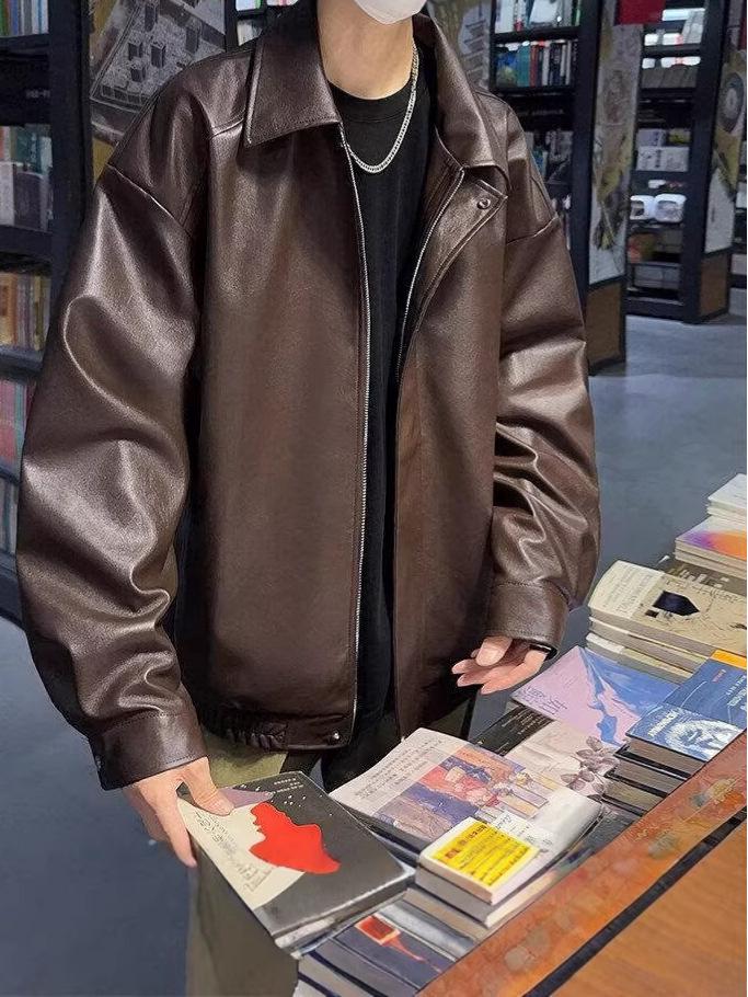 Men's PU Leather Jacket: Shiny, Retro Black Motorcycle Style for Autumn/Winter.