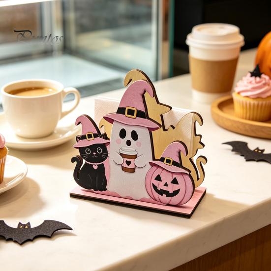 Stable Wooden Napkin Stand Halloween Holder, Cute Pastel Pumpkin Ghost Black Cat Tabletop Tissue Dispenser, Storage for Waterproof Decorative Kitchen