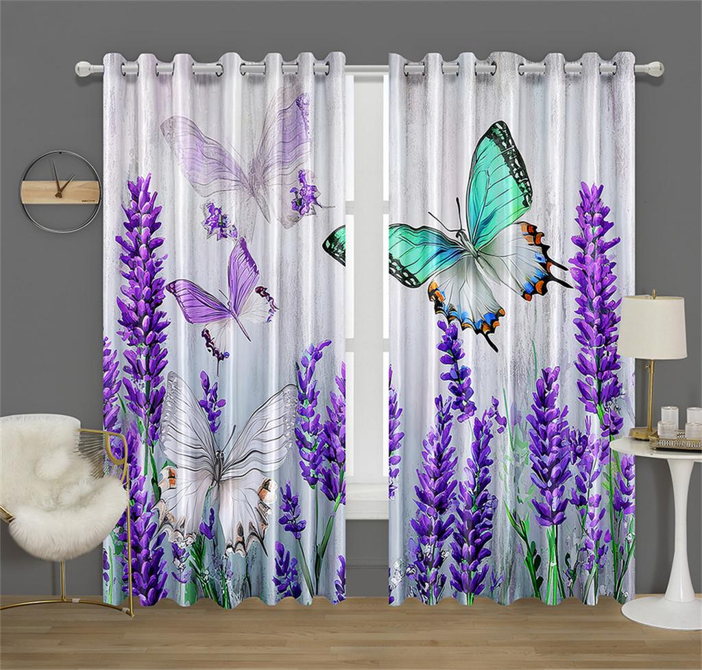 Fleur de Glycine Papillon Décor de Cuisine Rideau Fond Style Mur Feuille Verte Convient Décor Salon Chambre 2 Panneaux