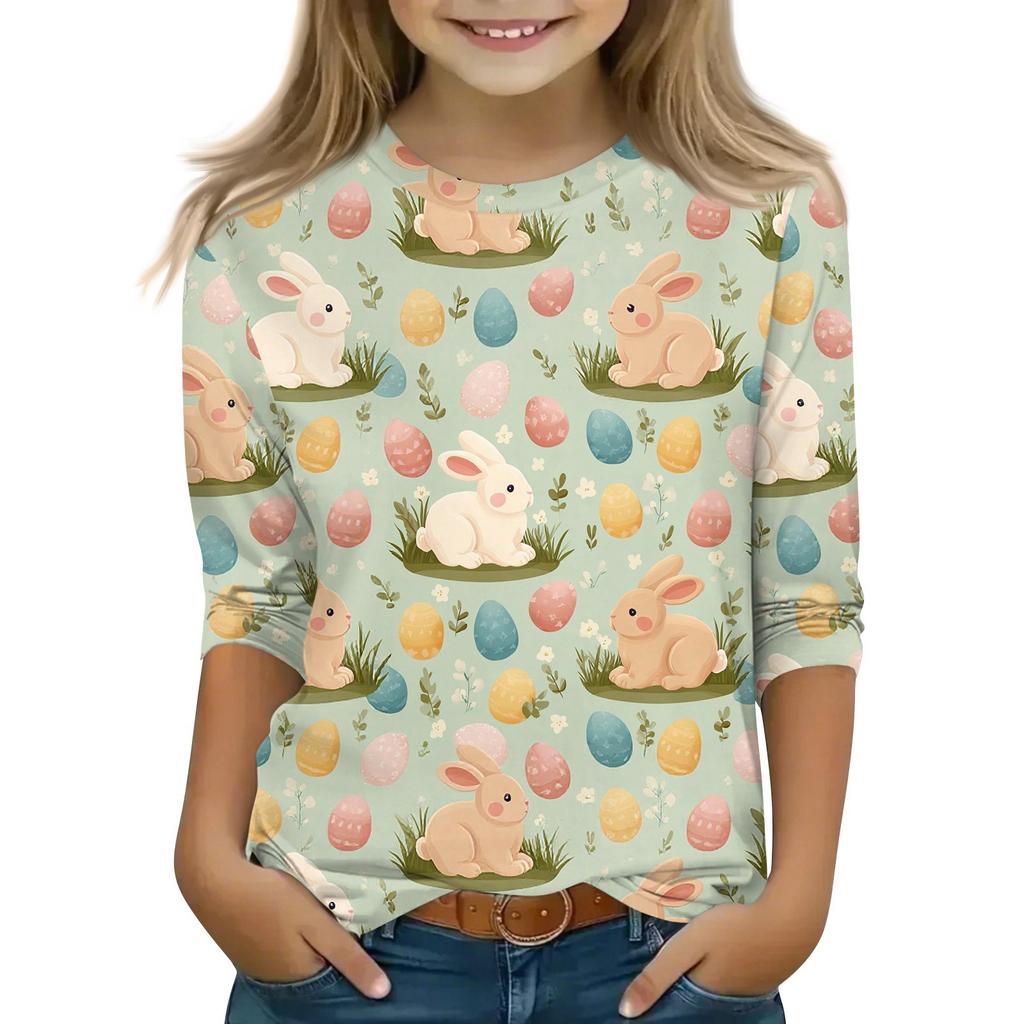 Children's 3/4 Sleeve Tops Casual Print T Shirt Round Neck Pullover Blouse